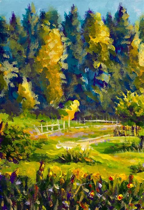 Impressionism Rural Painting Village Sunny Landscape Yellow Green