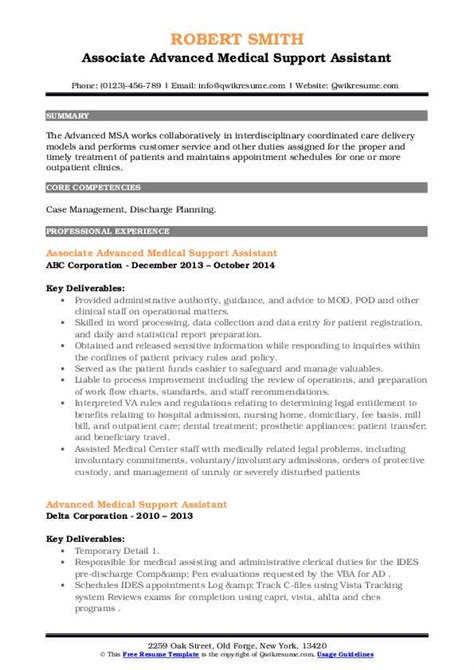 advanced medical support assistant resume samples qwikresume