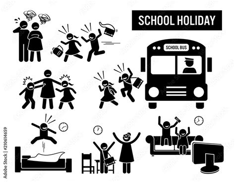 Vetor De Children School Holiday Stick Figure Pictogram Depicts School