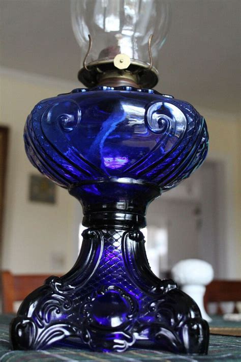 Authentic C1890 Antique Cobalt Blue Princess Feather Kerosene Oil Lamp