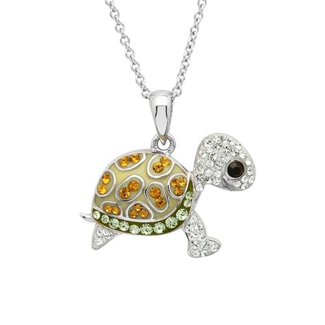 Green Baby Turtle Pendant With Aqua Crystals Ocean Jewelry