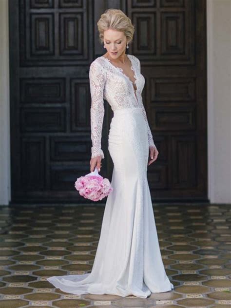 Long Sleeve Wedding Dresses V Neck Lace Simple Ivory Chiffon Mermaid B