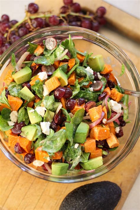 It's made with boiled potatoes, sour cream, mayo, green onions, celery, parsley, pickles and bacon. Roasted Sweet Potato Salad with Spinach and Grapes - The ...