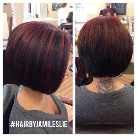 An Adorable Stacked A Line Bob With Red Highlights Hair By Jami Leslie
