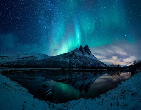 Earth Aurora Borealis Mountain Night Reflection Snow Winter Hd