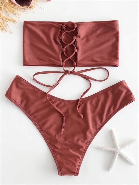 Unlined Lace Up Bikini Set With Images Stylish Bikini Bikinis Beautiful Swimsuits