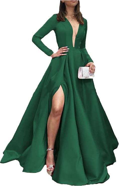 Womens Plus Size V Neck Satin Prom Dress With Long Sleeves