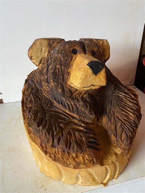 Chainsaw Carved Wooden Bear In Stump Carved Bear Carvings Etsy