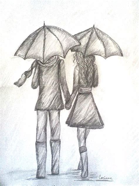 Cute Couple Together On The Rain Sketch Corinne Jesmain Umbrella Art
