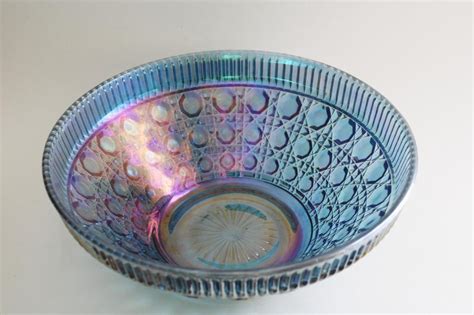 Vintage Blue Carnival Iridescent Glass Bowl Federal Windsor Pattern Cane Or Button