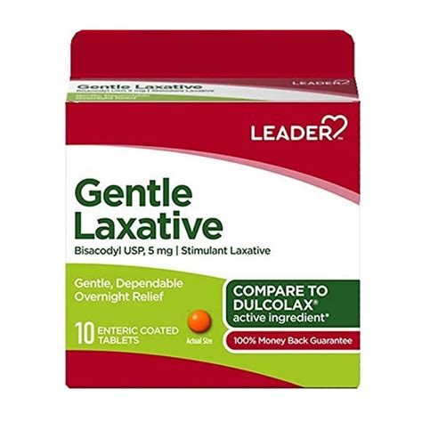 Leader Gentle Laxative Bisacodyl Usp 5mg Enteric Coated Tablets 10 Ea