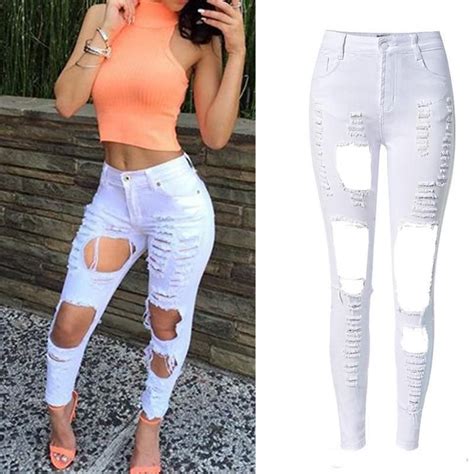Sexy Big Holes Ripped Jeans For Women Tassels Skinny High Waisted Pencil Pants Women Black White