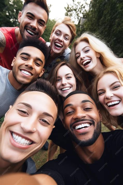 Premium Ai Image Shot Of A Diverse Group Of Friends Taking Selfies Together Outside