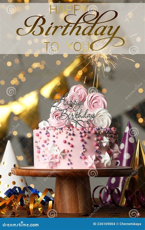 Happy Birthday Beautiful Cake With Burning Sparkle And Decor On Wooden