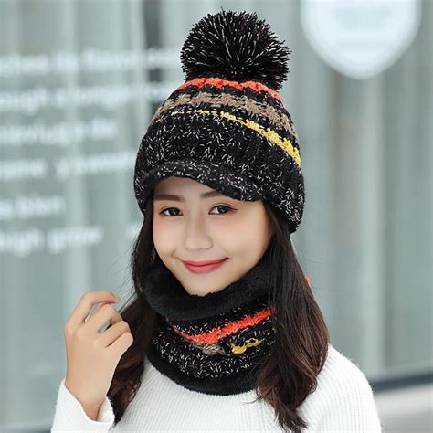 Buy 2pcs Scarf Hat Set Fashion Women Winter Warm Solid Pompoms Beanie Knitted Soft Caps Scarves