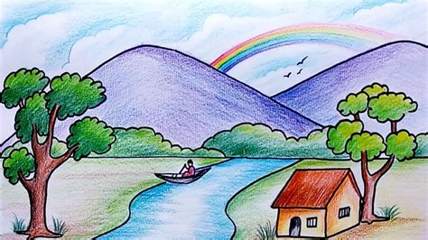 How To Draw Simple Scenery For Kids Drawing For Beginners Village