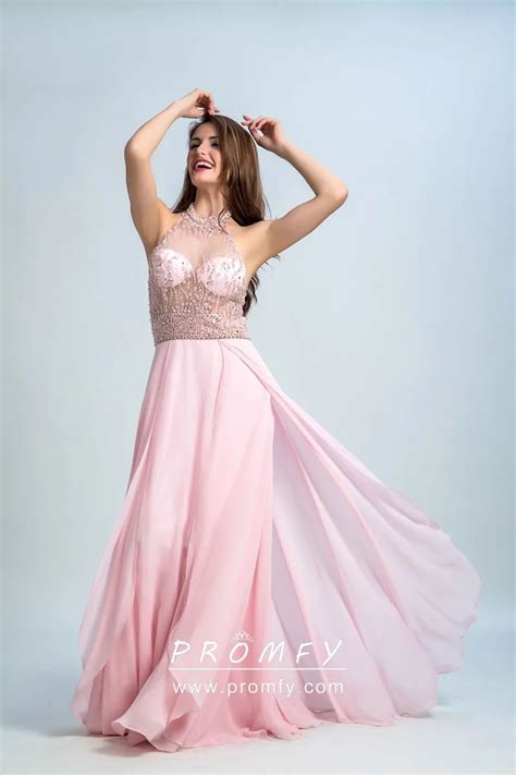 Pearl And Beading Illusion Halter Pink Prom Dress Promfy
