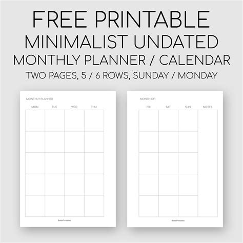 Printable Minimalist Monthly Planner Month On Two Pages