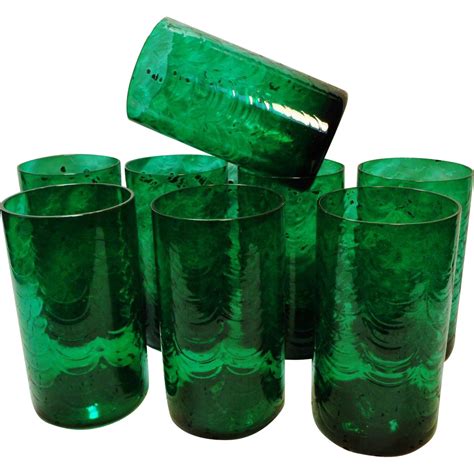 Set Of 8 Large Hand Blown Emerald Green Glass Tumblers Drinking Glasses Hand Blown Green