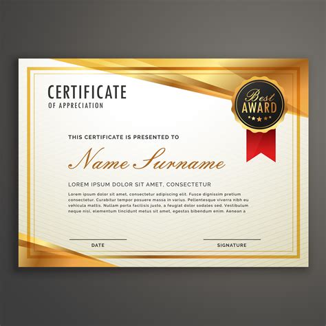 Free Vector Golden Certificate Of Appreciation Templa