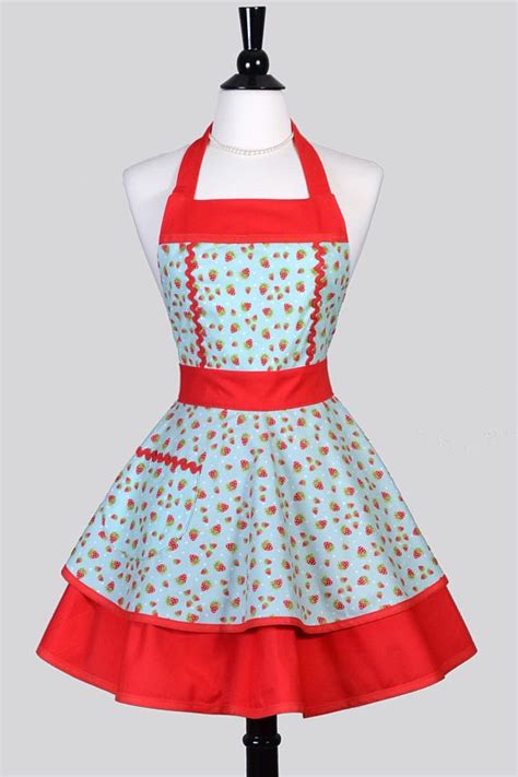ruffled retro pinup apron cute strawberries on teal flirty womans vintage style kitchen apron