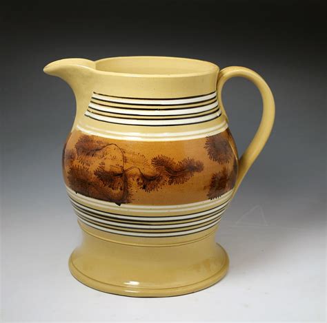 Antique Pottery Yellow Ware Mocha Decorated English Pitcher C1840