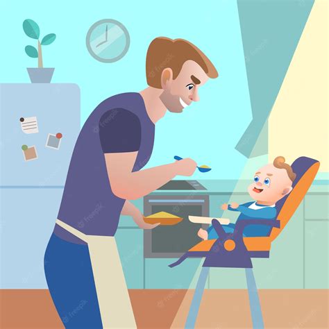 Papa Dans La Cuisine Nourrir Lenfant Sur Une Chaise Haute Illustration De Dessin Animé De