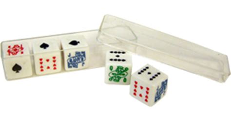 Poker dice have six sides, one each of an ace, king, queen, jack, 10, and 9, and are used to form a poker hand. Bulk/Wholesale Poker Dice: 5/8 In. Poker Dice Sets at ...