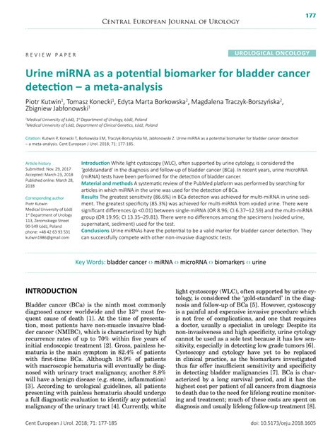 PDF Urine MiRNA As A Potential Biomarker For Bladder Cancer Detection