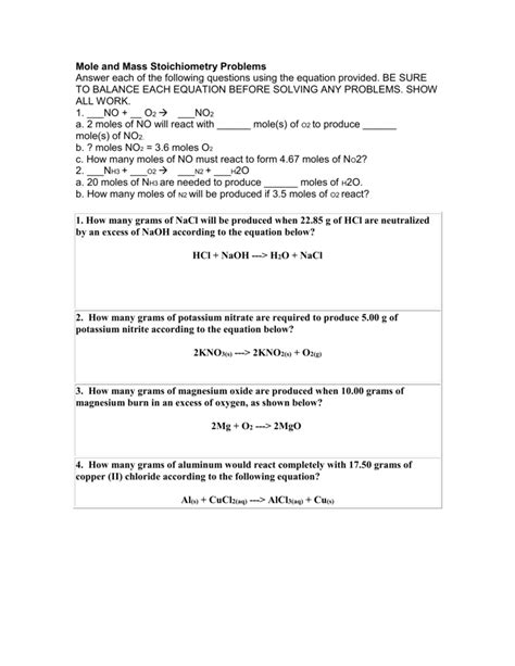 Mole Mole Stoichiometry Worksheet Answers