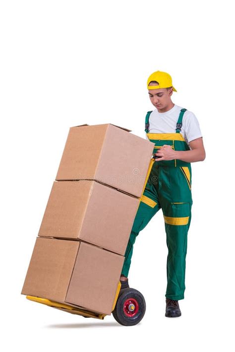 The Young Man Moving Boxes With Cart Isolated On White Stock Photo
