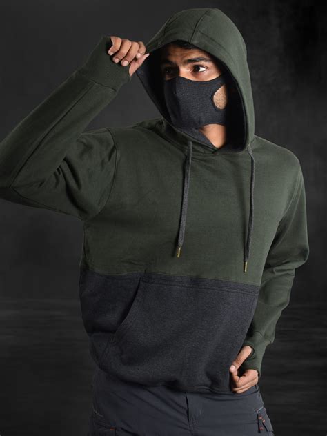 Olive Green And Charcoal Grey Unisex Hoodie With Built In Face Mask