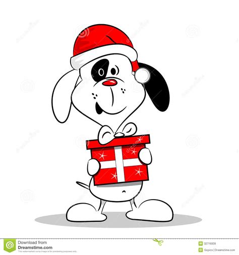 A fantastic piece of holiday clip art, the cartoon dog seems ecstatic about the idea that christmas is coming. Cartoon Dog With Christmas Gift Box Royalty Free Stock Images - Image: 32716939