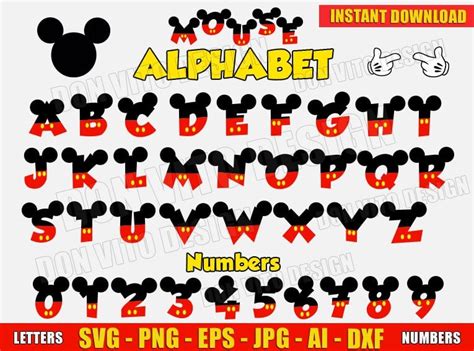 Mickey Mouse Alphabet Head Hands Svg Dxf Png Disney Numbers