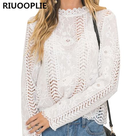 riuooplie elegant lady high collar white lace hollow out long sleeve shirt tops blouse in
