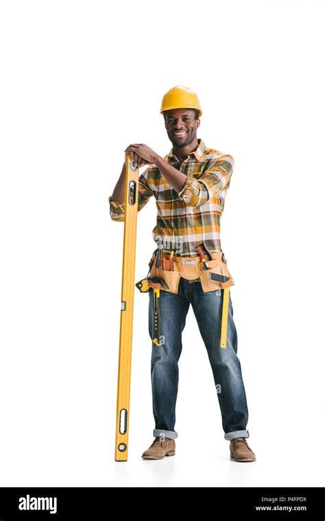 Happy African American Construction Worker With Leveling Tool Isolated
