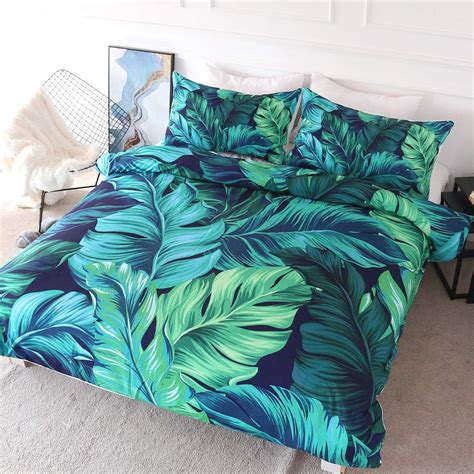 Blessliving 3d Palm Leaves Duvet Cover Set Turquoise Green Tropical