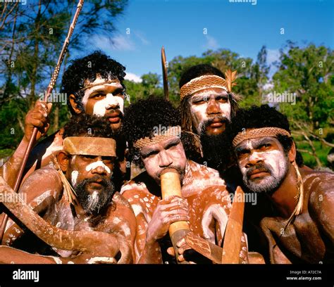 Native Aborigines Blowing Didgeridoo Tjapukai Dance Group Cairns Stock
