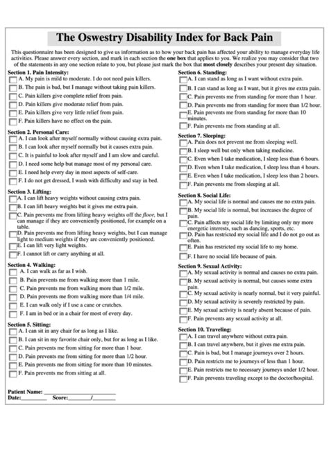 The Oswestry Disability Index For Back Pain Printable Pdf Download