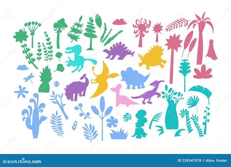 Vector Set Of Flat Silhouettes Of Prehistoric Flora And Fauna