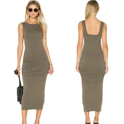 James Perse Nwt Sz Open Back Skinny Dress Olive Side Ruche Stretchy