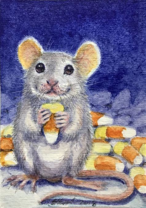 Sold Mouse Aceo Original Watercolor Painting Candy Corn Fine Art Card