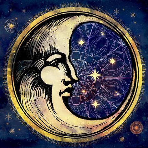 Celestial Antique Man In The Moon Watercolor Batik Painting By Little