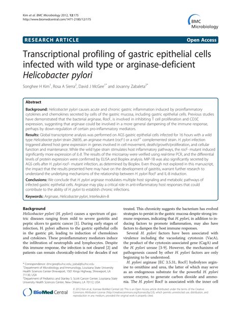 Pdf Transcriptional Profiling Of Gastric Epithelial Cells Infected