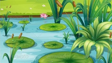 Pond With Plants Cartoon Grass Plants Pink Plant