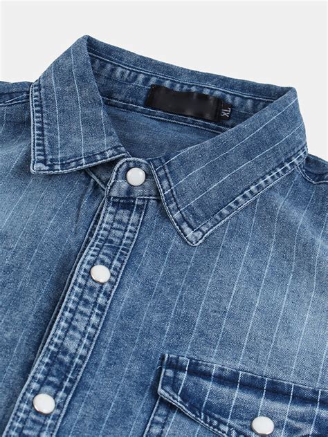 Mens Vintage Stripe Double Pockets Denim Long Sleeve Casual Shirts