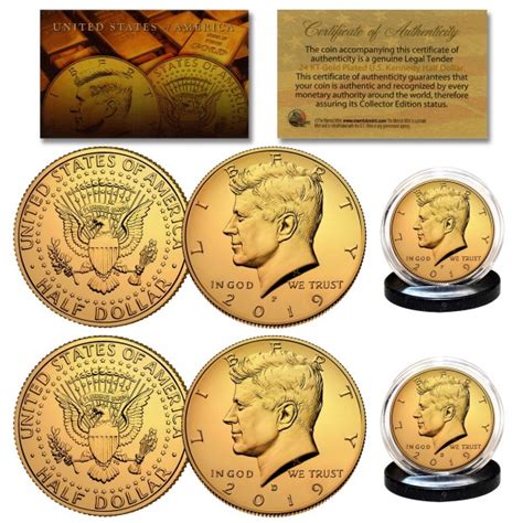 24k Gold Plated 2019 Jfk Kennedy Half Dollar Us 2 Coin Set Both P