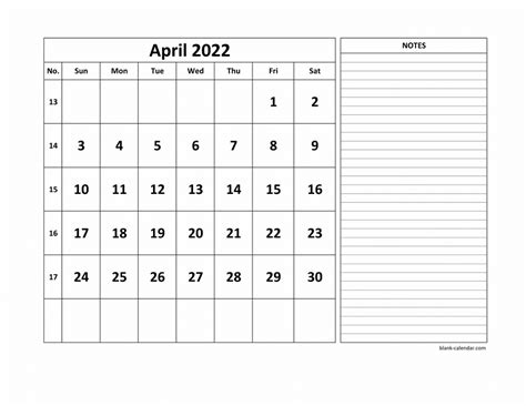 Free Download Printable April 2022 Calendar Large Space For