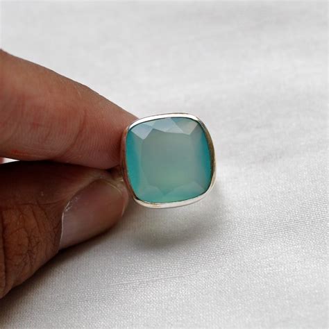 Aqua Chalcedony Ring 925 Sterling Silver Ring Square Aqua Etsy