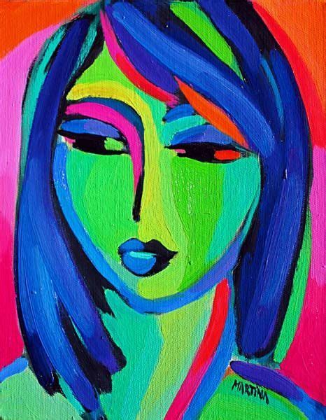 Abstract Girl With Blue Hair Original Oil On Canvas Fine Art Painting